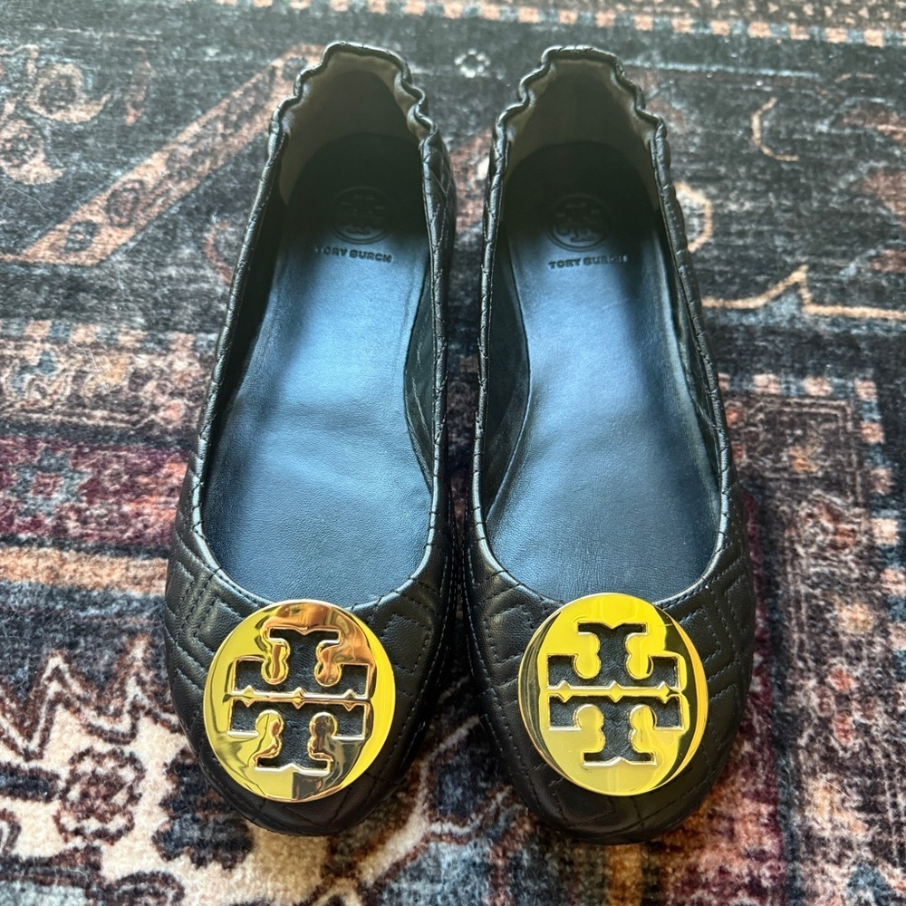 Tory Burch black quilted round toe flats Minnie travel slip on shoes